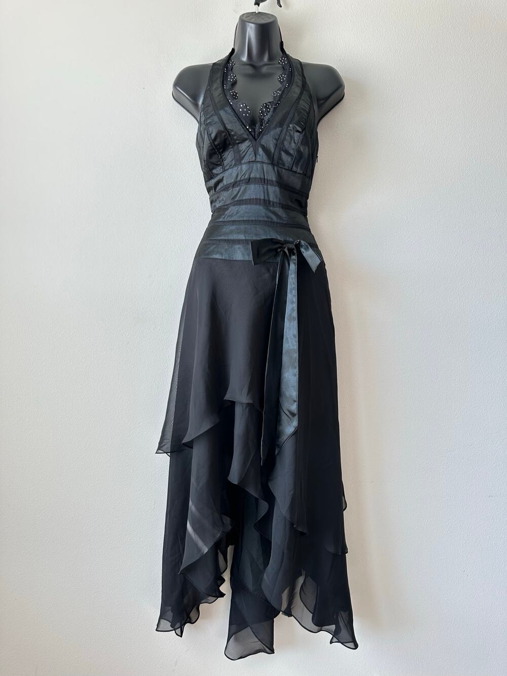 Vintage Y2K Black Halter Maxi Dress Romantic Goth Chiffon Handkerchief Prom S
